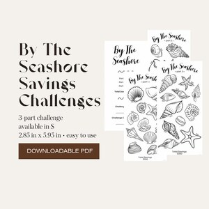Op de afbeelding: Een driedelige spaarchallenge-tracker getiteld By The Seashore, met zwart-witte lijntekeningen van diverse schelpen en zeesterren. Het document bevat tekstlabels voor deel 1, 2 en 3 en heeft een afmeting van 7,24 cm bij 15,11 cm.