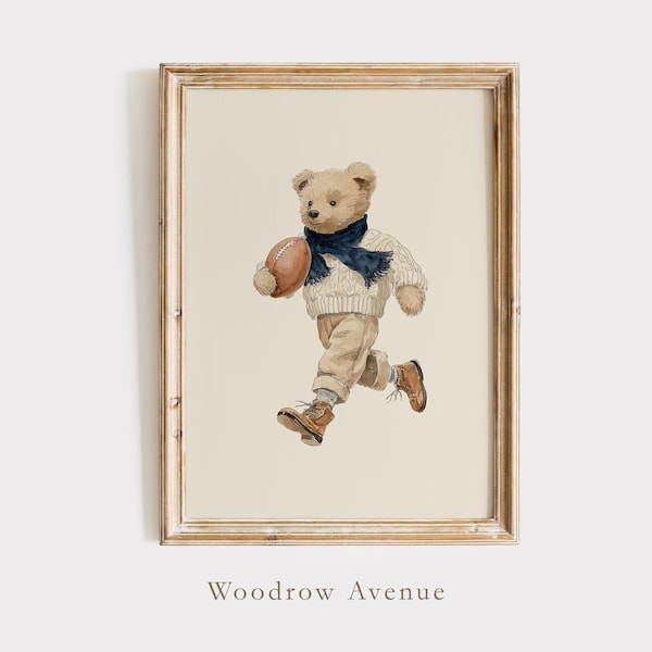 Art mural football nounours, impression sport vintage pour chambre d'enfant, décoration de chambre preppy pour garçons, cadeau pour bébé garçon, téléchargement immédiat