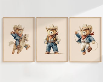 Teddy Bear Cowboy Wall Art Set of 3, Vintage Printable Watercolor Illustrations, Western Nursery Theme Decor for Kids Room