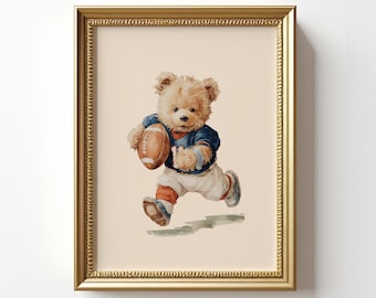 Decorazione murale vintage a forma di orsetto di peluche con motivo a pallone da calcio, orso nostalgico che gioca a calcio, decorazione perfetta per la cameretta dei bambini, la cameretta dei bambini o per gli appassionati di sport.