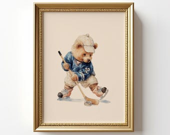 Vintage Teddy Bear Ice Hockey Wall Art, Watercolor Illustration of Bear in Hockey Gear, Retro Decor for Kids Room, Nursery, or Sports Fans