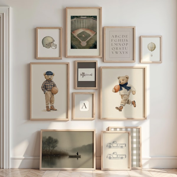 Boy Gallery Wall Set of 25 Sports Print Muted Tones Room Decor Vintage Green Baby Boy Nursery Print Set Big Boy Room Art Boy Playroom Decor