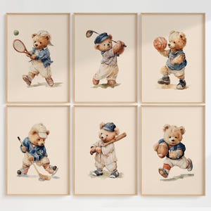 Lot de 6 oeuvres d'art murales sport vintage ours en peluche, cadeau babyshower garçon, illustrations à l'aquarelle, décoration sport sur le thème de la chambre d'enfant pour chambre d'enfant