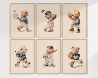 Vintage Teddy Bear Sports Wall Art Set of 6, Nursery Printable, Baby Boy Decor, Instant Download