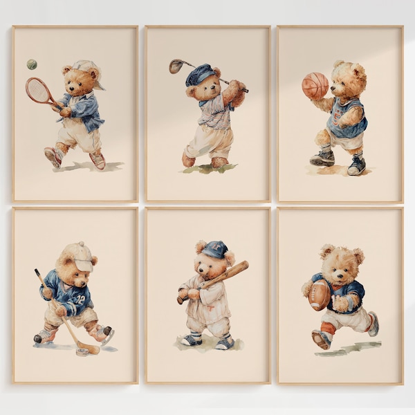 Juego de 6 láminas decorativas vintage de ositos de peluche con motivos deportivos para pared, ideales para imprimir en la habitación del bebé o para decorar a un niño. Descarga instantánea.