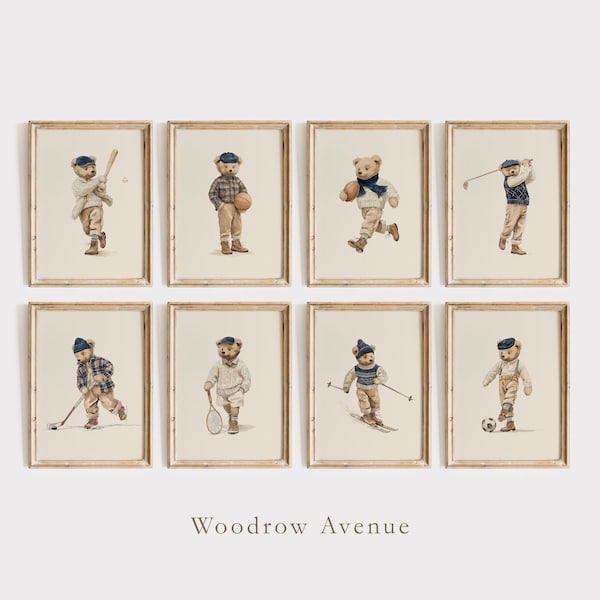 Juego de 8 láminas decorativas de ositos de peluche con motivos deportivos, ilustraciones vintage en acuarela para imprimir, decoración infantil con temática deportiva, idea de regalo para niños mayores.