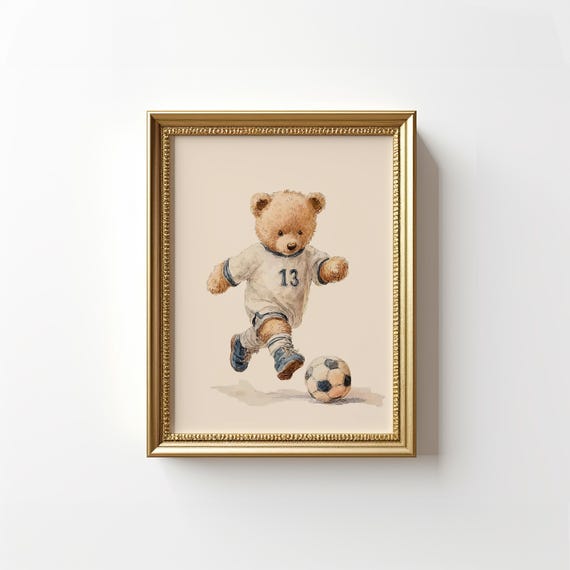 Vintage Soccer Teddy Bear Wall Art, Watercolor Illustration of a Bear Playing Soccer, Retro Decor for Kids Room, Nursery, or Sports Fans