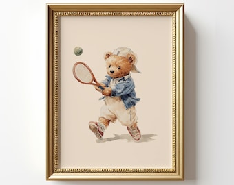 Vintage Tennis Teddy Bear Wall Art, Watercolor Illustration of a Bear Playing Tennis, Retro Decor for Kids Room, Nursery, or Sports Fans