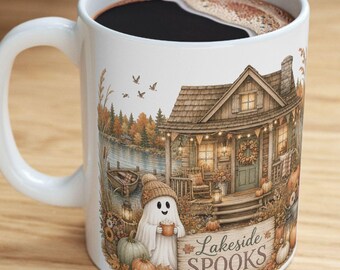 Autumn Lakeside Cottage Scene Mug | Fall Pumpkin Ghost Ceramic Mug