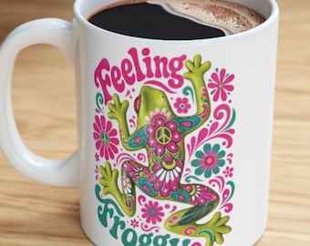 Retro Floral Frog Mug | Groovy Peace Sign, Boho Kitchen Drinkware
