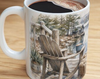 Cozy Lakeside Cabin Scene Mug | Ceramic Coffee Cup