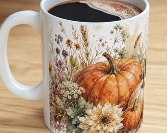 Watercolor Pumpkin Bouquet Mug | Autumn Floral Ceramic Mug