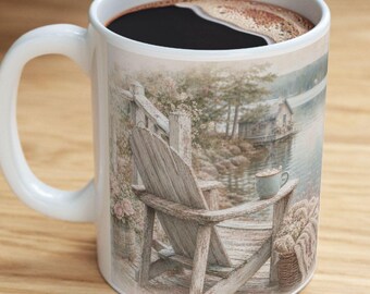 Cozy Lakeside Cottage Scene Mug | Vintage Lakeview Illustration