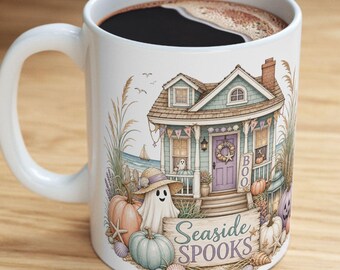 Beach Cottage Halloween Mug | Pastel Pumpkins, Ghost, Seashells