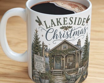 Lakeside Cabin Christmas Mug | Ceramic Coffee Cup, Cozy Cabin Holiday Scene