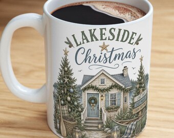 Lakeside Christmas Cabin Mug | Holiday Tree, Oars & Cozy Lake Scene