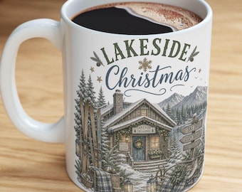 Lakeside Cabin Christmas mug | ceramic coffee cup, rustic winter cabin scene