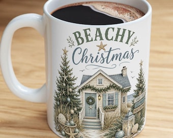 Beachy Christmas cottage scene Mug | Holiday coastal tree illustration