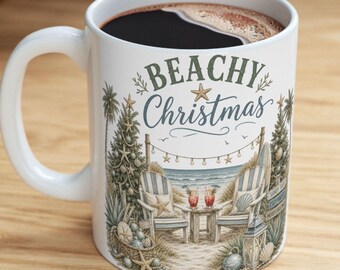 Coastal Christmas Mug | Beach Scene, Palm Trees, Shells Ceramic Cup