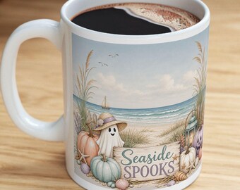 Coastal Halloween Pumpkin Beach Scene Mug | Autumn Seaside Coffee Cup