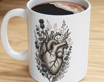 Floral Anatomical Heart Mug | Watercolor Coffee Cup, Cardiovascular Gift