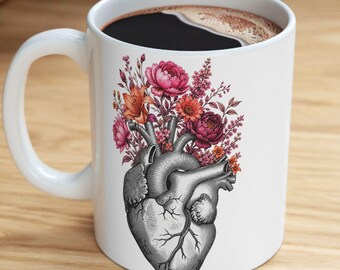 Floral Anatomical Heart Mug | Watercolor Cardiology Coffee Cup