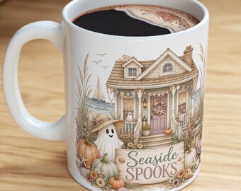 Coastal Halloween Cottage Ghost Pumpkin Mug | Seaside Spooky Ceramic Mug