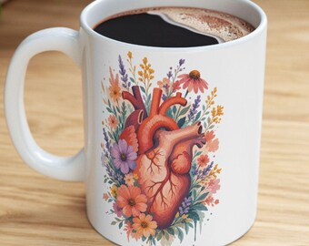 Floral Anatomical Heart Mug | Watercolor Coffee Cup, Cardiology Gift