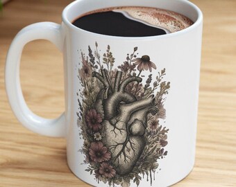 Floral Anatomical Heart Mug | Watercolor Coffee Cup, Cardiovascular Gift