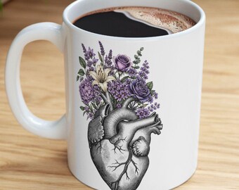 Floral Anatomical Heart Mug | Watercolor Flower Ceramic Coffee Cup