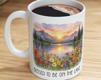 Lake Life Watercolor Mug Blessed to Be at the Lake mug | Mountain Lake Wildflower Ceramic Mug