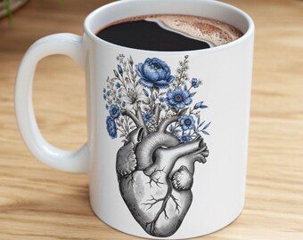 Floral Heart Mug | Watercolor Anatomical Heart Coffee Cup