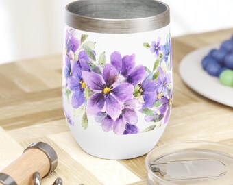 Wine Tumbler Lavender Hand Painted  Watercolor Florals
