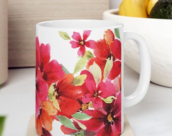 Hand-Painted Watercolor Floral Ceramic Mug, Pink Coral Green Coffee Cup