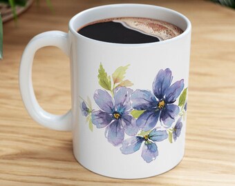 Hand Painted Watercolor design Mug in blue and lavendar | Ceramic Coffee Cup
