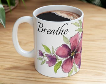 Watercolor Floral Ceramic Mug | Dusky Purple Botanical Coffee Cup, Breathe
