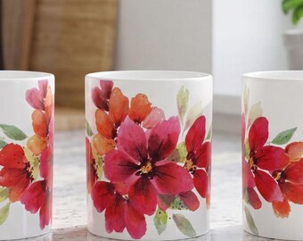 Hand Painted Design Watercolor Floral Ceramic Mug, Pink Coral Green Coffee Cup