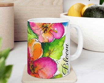 Watercolor Floral Bloom Mug | Ceramic Coffee Cup, Colorful Hand Painted Flower Design