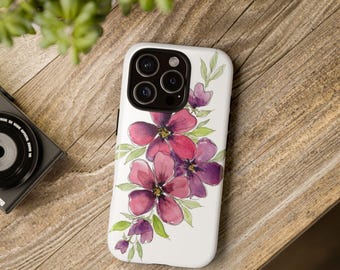水彩画風ダスティパープル手描き花柄デザインの丈夫なスマホケース |