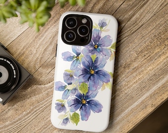 水彩画風デザインのブルーとライラックの花柄スマホケース | 丈夫なケース