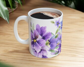 Watercolor Floral Ceramic Mug, Hand Painted Design, Coffee Cup, Cozy Chai Mug, Floral Tea Mug, Lavender Mug, 11oz 15oz