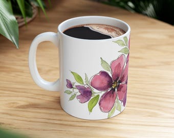 Dusty Purple Hand Painted Design Watercolor Floral Mug | Hand-Painted Blossom Ceramic Mug