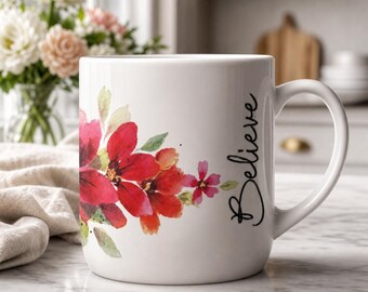 Watercolor Flowers Mug Dark Pink | Believe Script Ceramic Mug, Cottagecore