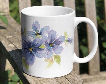 Watercolor Floral Mug  Hand Painted Design in Blues and Lavendars| Ceramic Coffee Cup