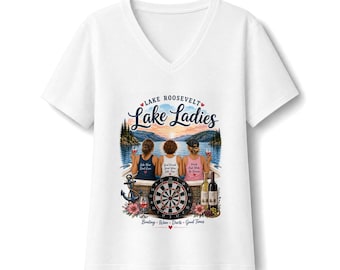 Lake Ladies V-Neck Tee | Lake Roosevelt Boating, Wine, Darts Design