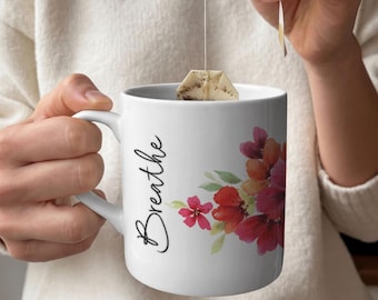 Watercolor Dark Pink Floral Breathe Mug | Ceramic Coffee Cup, Tea cup, Hand Painted Design