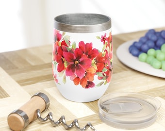 Hand Painted Watercolor Floral Wine Tumbler – Dark Pink Blossoms