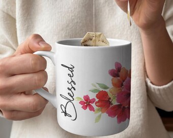 Blessed Script Floral Mug | Dark Pink Watercolor Flowers Ceramic Mug, Hand Painted Design