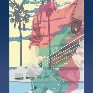 Könnte beinhalten: Anime-Digitaldruck von City Pop Gallery. Das Kunstwerk zeigt eine Person, die Bassgitarre spielt, mit einer überlagerten tropischen Strandszene. Das Bild hat eine lebendige Farbpalette und enthält Text.