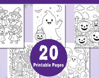 May include: A collection of Halloween coloring pages featuring witches, ghosts, pumpkins, and a haunted house. The image includes the text "Halloween Coloring Pages", "20 Printable Pages", and "Great for Kids & Parties!"